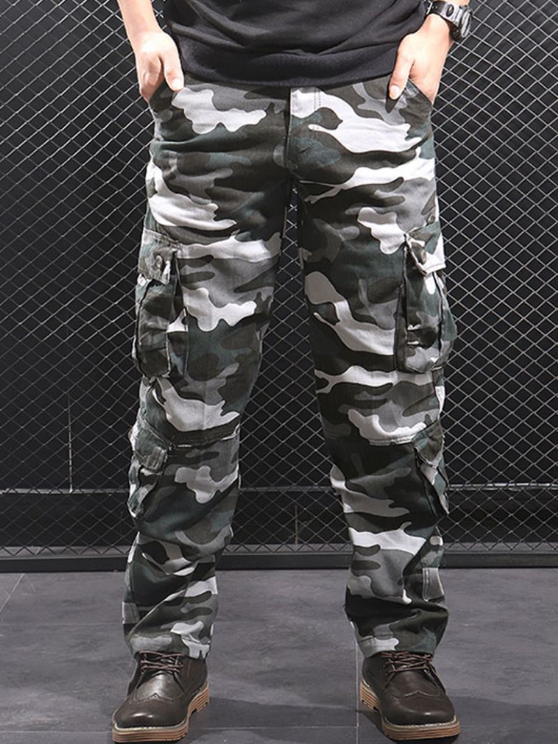 Broek Heren Comfortabele Camouflage Natuurlijke Taille Rechte Cargobroek Grijze