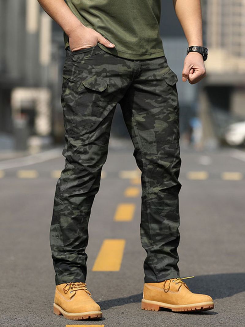 Herenbroeken Casual Camouflage Natuurlijke Taille Rechte Cargobroek Zwarte Broek - Donkergroen