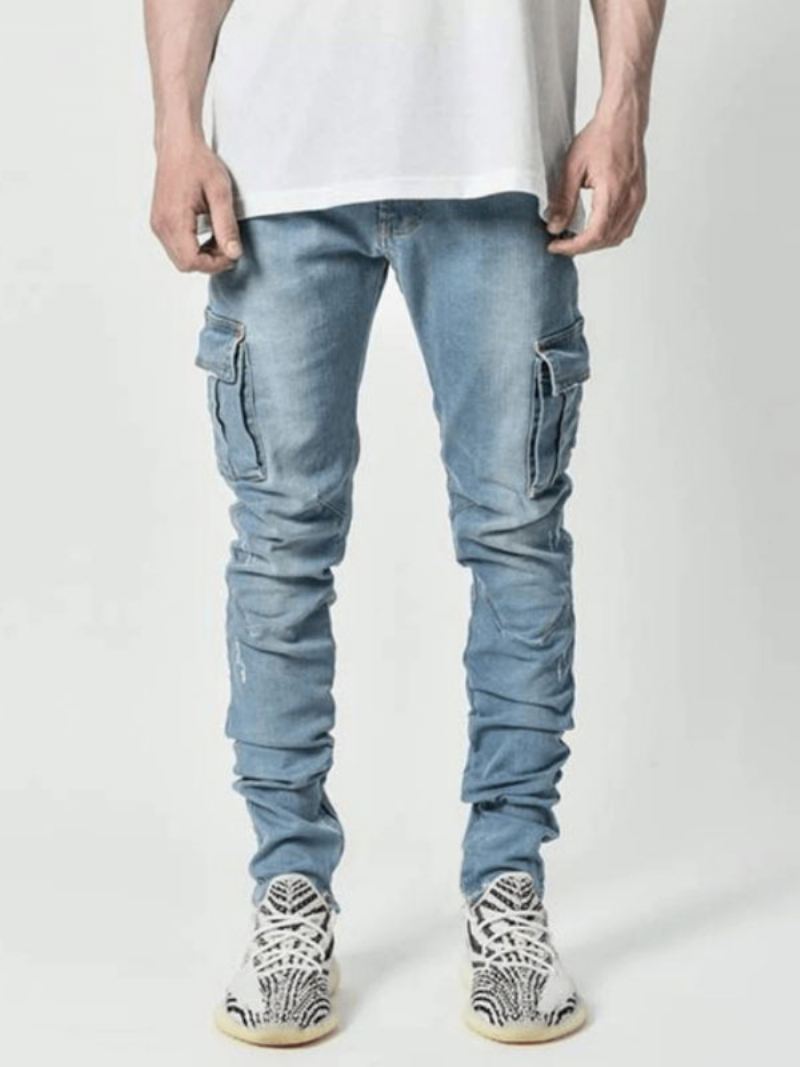 Herenjeans Casual Distressed Antiek Design Skinny Licht Hemelsblauwe Denim Broek