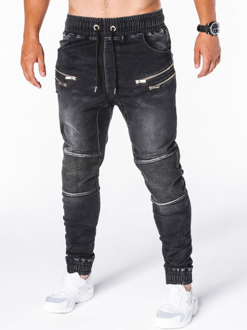 Herenjeans Chic Verweerd Antiek Design Magere Blauwe Denimbroek - Zwart