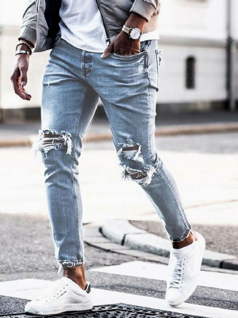 Herenjeans Herenmode Jeans Chique Distressed Antiek Design Skinny Licht Hemelsblauw - Licht Hemelsblauw