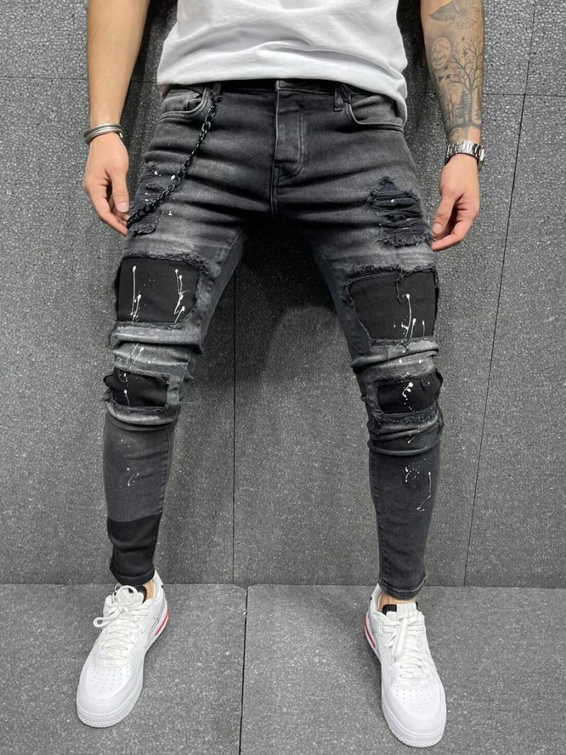 Herenjeans Herenmode Jeans Chique Distressed Antiek Design Skinny Zwart