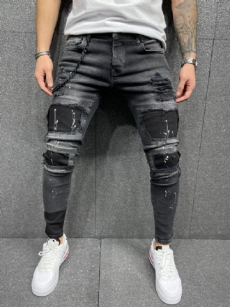 Herenjeans Herenmode Jeans Chique Distressed Antiek Design Skinny Zwart