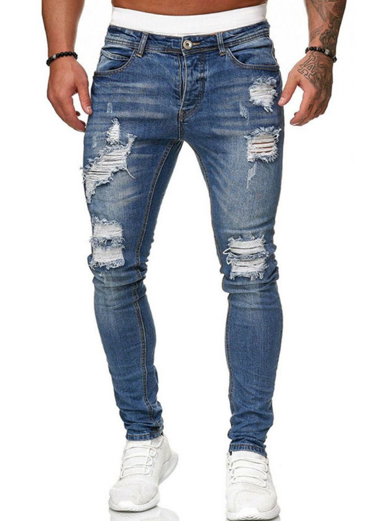 Herenjeans Jeans Heren Chic Distressed Antique Design Skinny Diepblauw Blauw