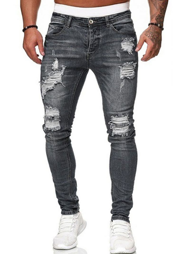 Herenjeans Jeans Heren Chic Distressed Antique Design Skinny Diepblauw Blauw - Grijs