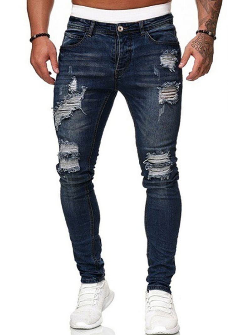 Herenjeans Jeans Heren Chic Distressed Antique Design Skinny Diepblauw Blauw - Blauw