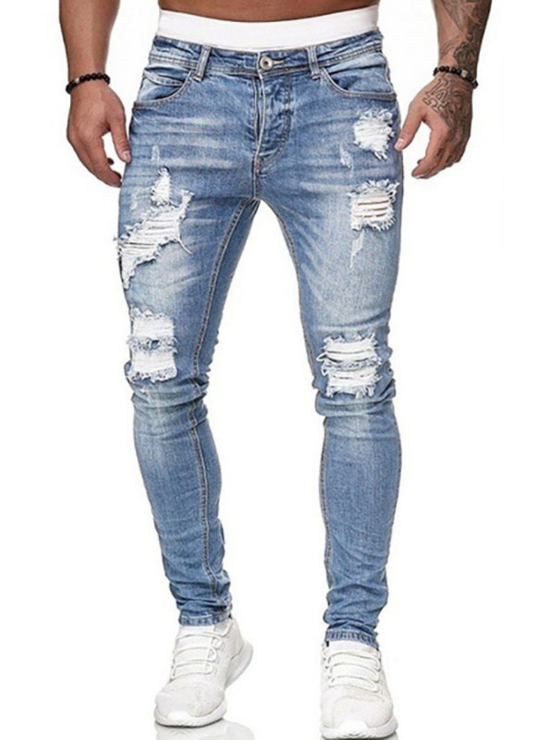 Herenjeans Jeans Heren Chic Distressed Antique Design Skinny Diepblauw Blauw - Licht Hemelsblauw