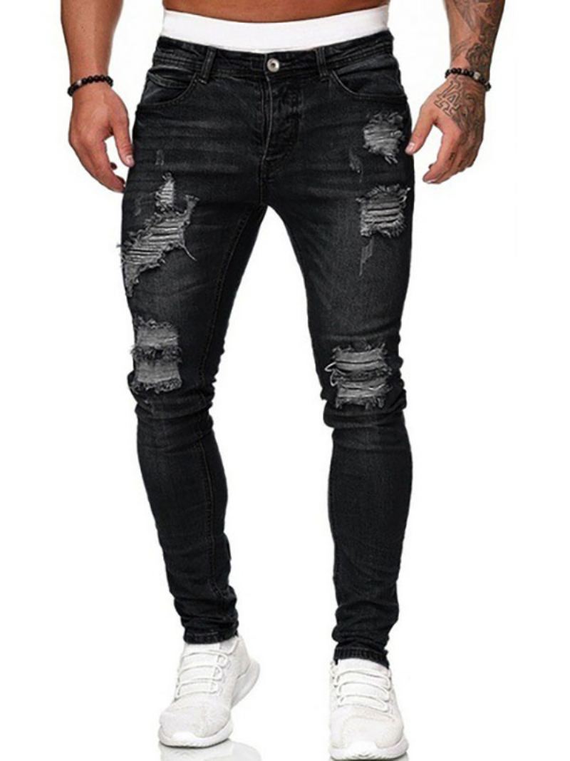 Herenjeans Jeans Heren Chic Distressed Antique Design Skinny Diepblauw Blauw - Zwart