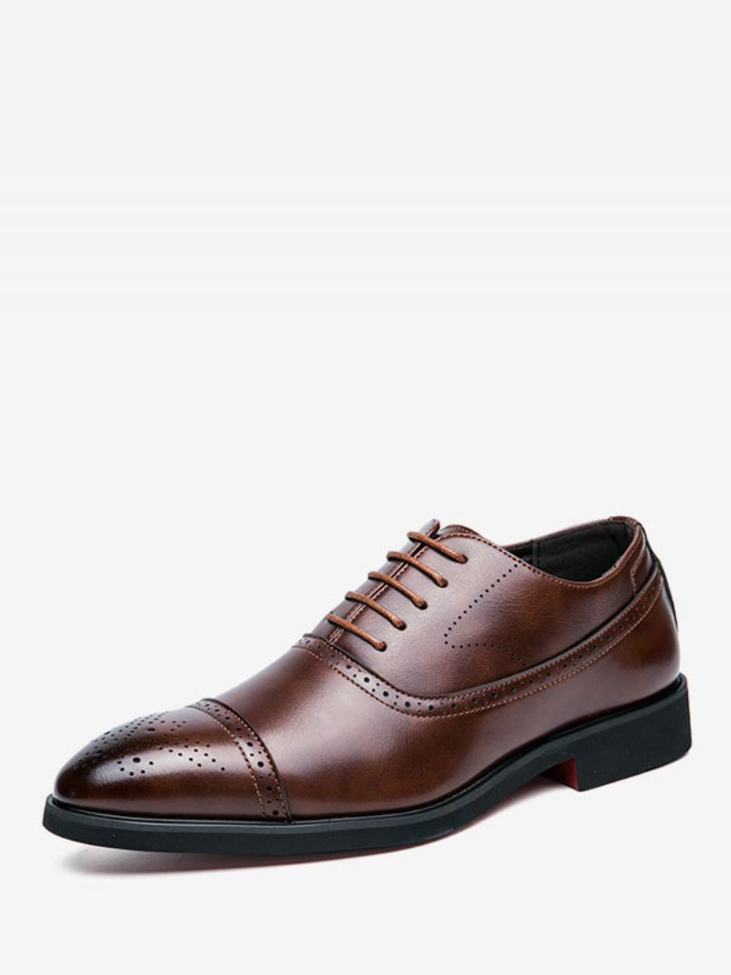 Geklede Herenschoenen Met Ronde Neus Veters Pu-leer Oxford-bruidegomschoenen - Koffiebruin