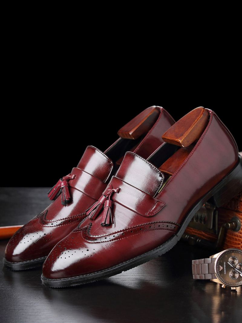 Geklede Schoenen Heren Mode Pu-leren Loafers Met Puntige Neus Bruiloft Promschoenen - Rood