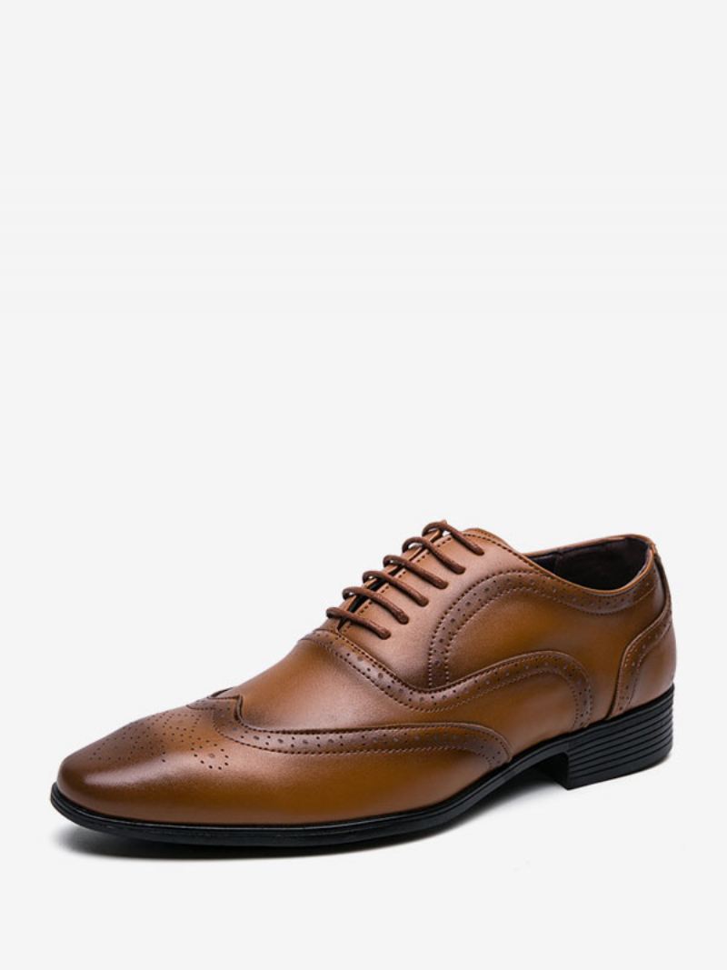 Herenschoenen Moderne Pu-leren Oxford-schoenen Met Puntige Neus Veters - Geel