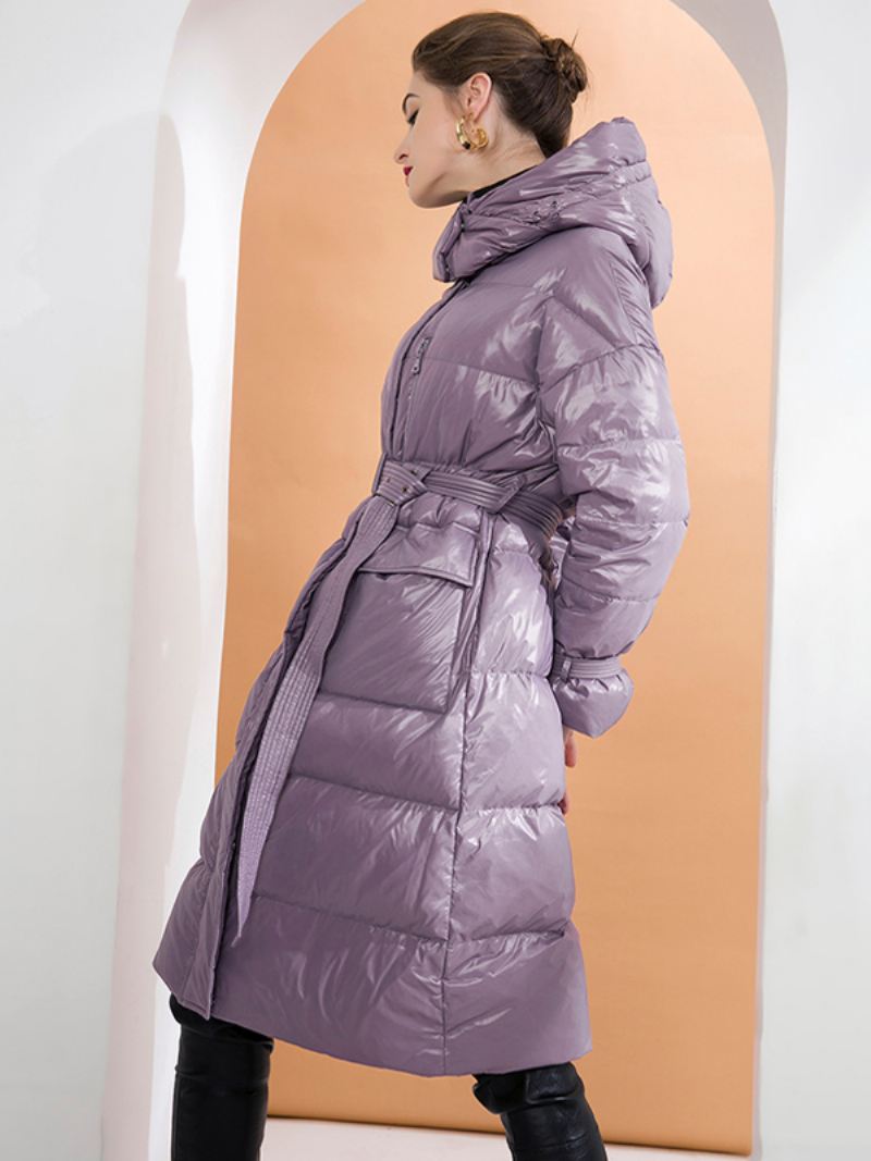 Down Jas Met Capuchon Paarse Lange Puffer Winterbovenkleding Riem Dames - Paars