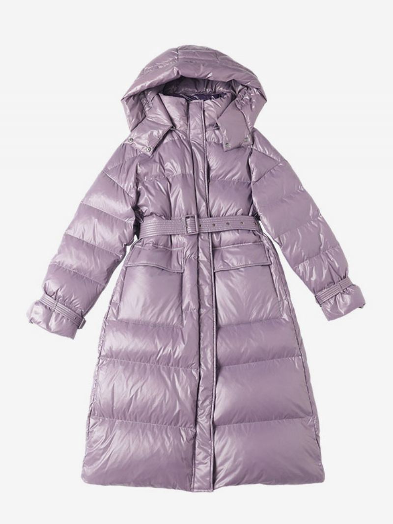 Down Jas Met Capuchon Paarse Lange Puffer Winterbovenkleding Riem Dames - Paars