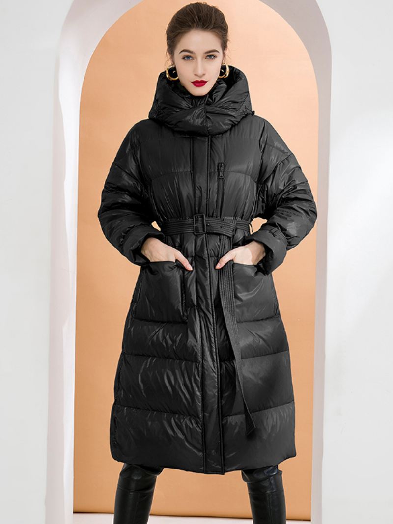 Down Jas Met Capuchon Paarse Lange Puffer Winterbovenkleding Riem Dames - Zwart