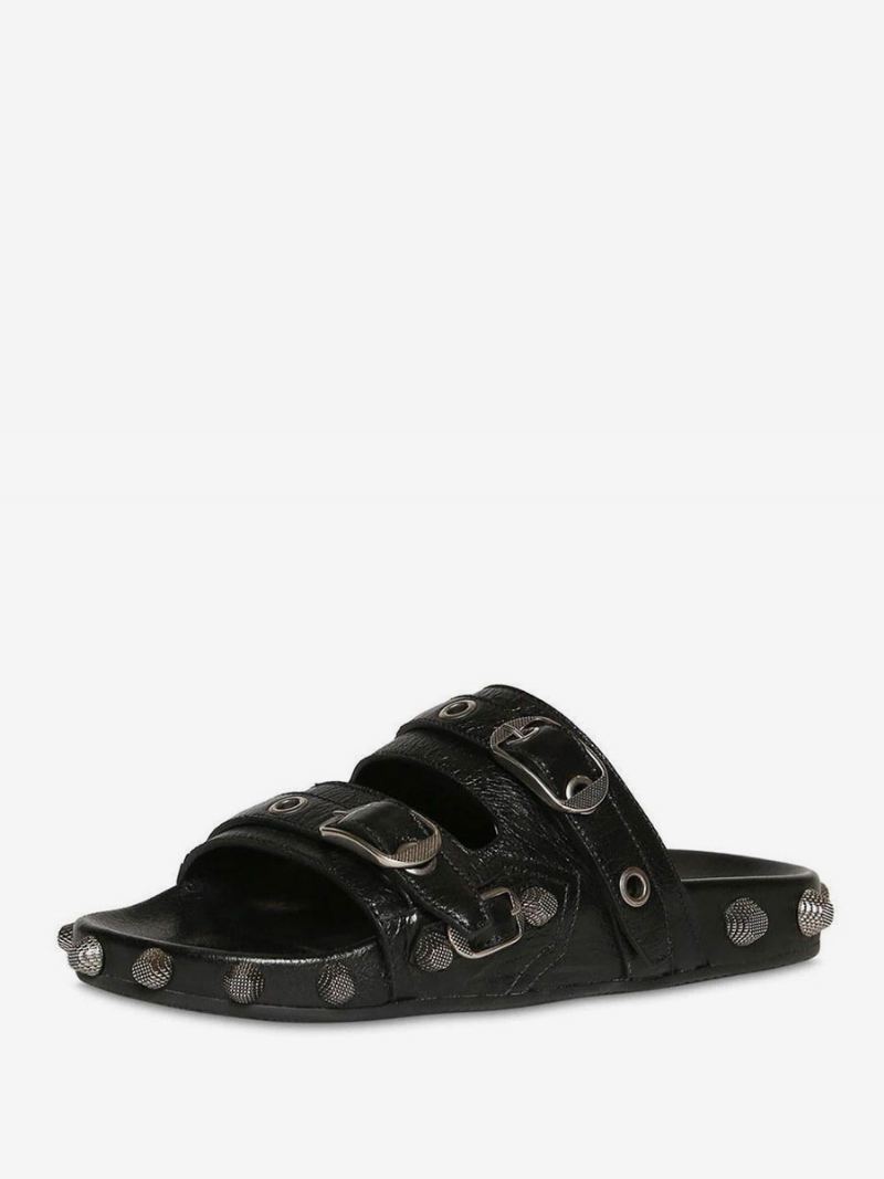 Herensandaal Slides Zwarte Open Teen Klinknagels Metalen Detail Slip-on-slip-sandalen