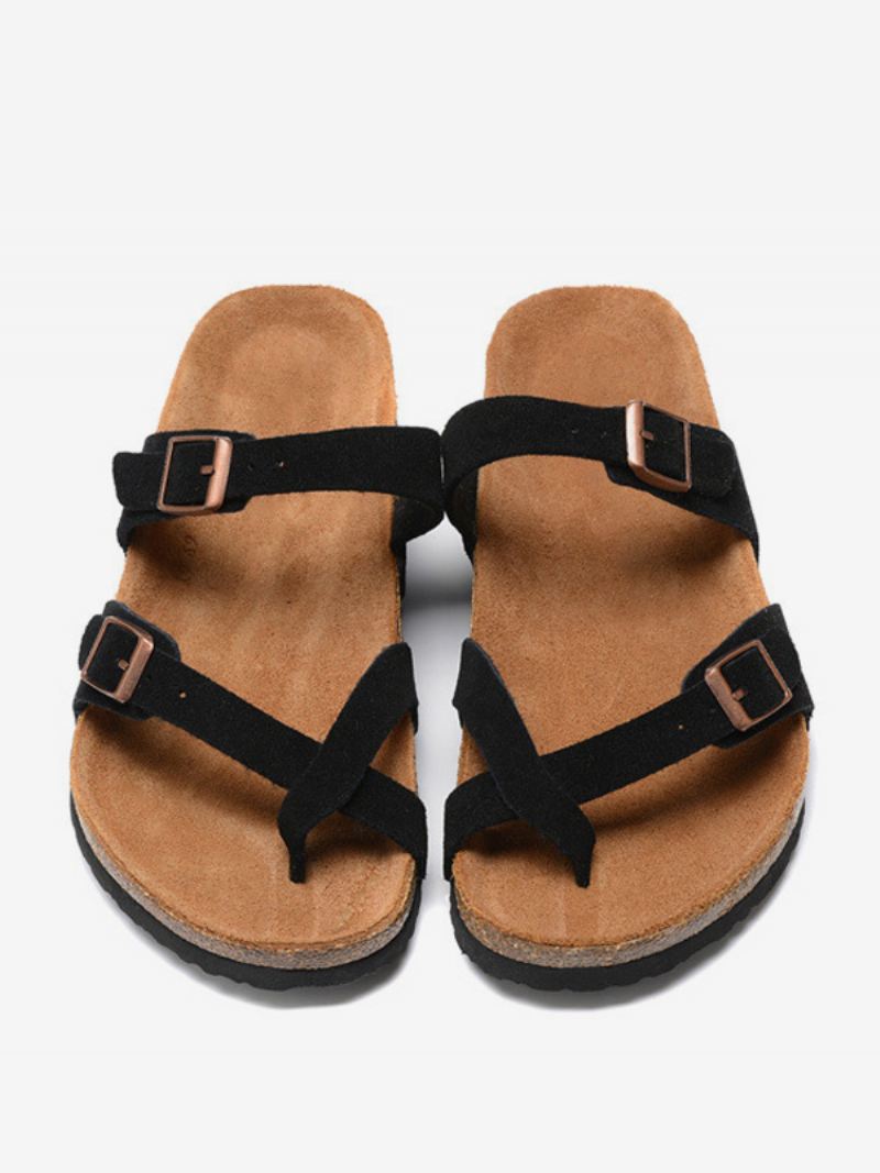 Herensandalen Instapper Koeienhuid Verstelbare Pantoffels Met Gesp Platte Sandalen