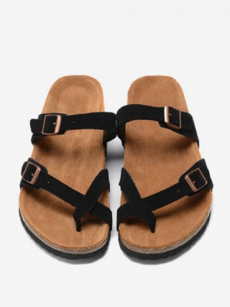 Herensandalen Instapper Koeienhuid Verstelbare Pantoffels Met Gesp Platte Sandalen