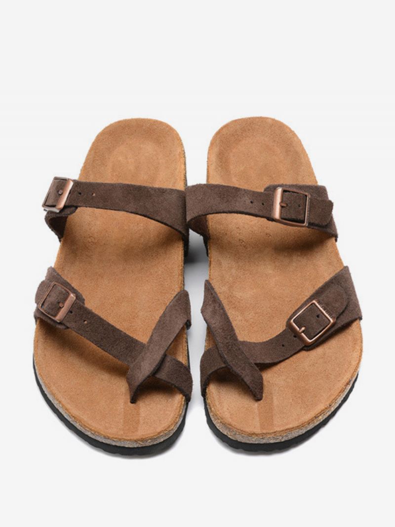 Herensandalen Instapper Koeienhuid Verstelbare Pantoffels Met Gesp Platte Sandalen - Chocolade