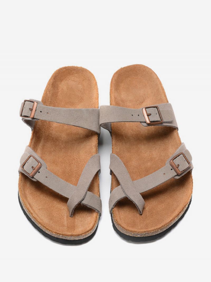 Herensandalen Instapper Koeienhuid Verstelbare Pantoffels Met Gesp Platte Sandalen - Grijs