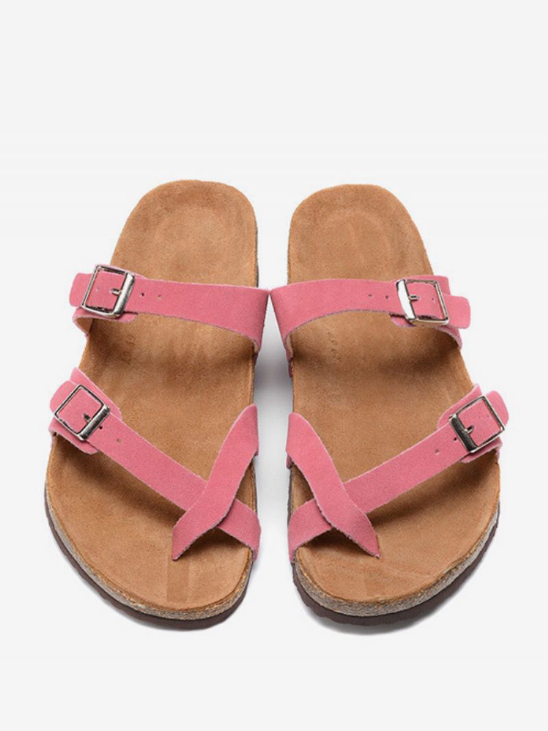 Herensandalen Instapper Koeienhuid Verstelbare Pantoffels Met Gesp Platte Sandalen - Roze