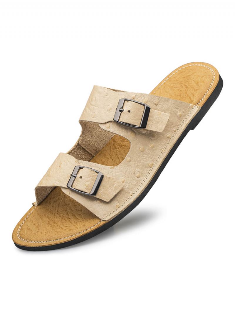 Herensandalen Instapper Rubberen Zool Koeienhuid - Beige