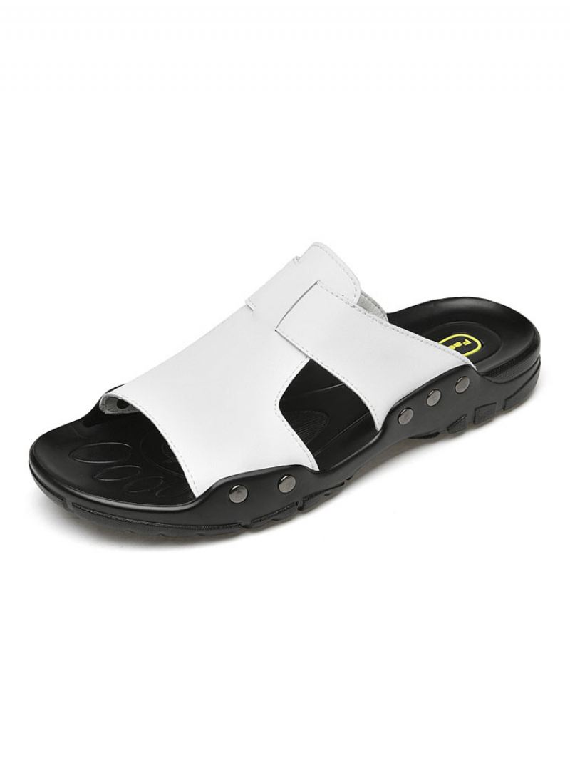 Herensandalen Instapper Rundleer Met Rubberen Zool - Wit