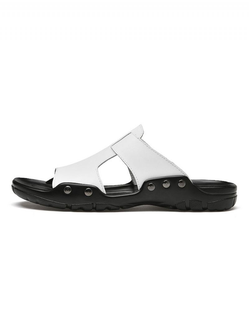 Herensandalen Instapper Rundleer Met Rubberen Zool - Wit