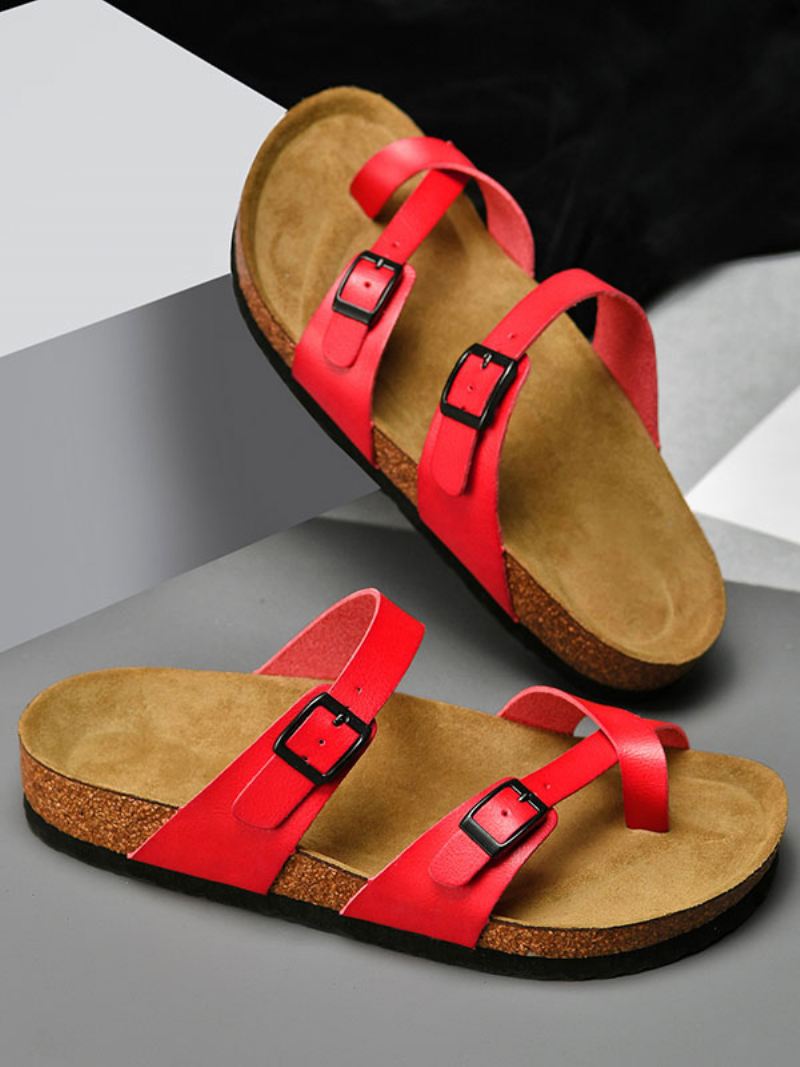 Herensandalen Instapper Rundleer Met Rubberen Zool - Rood