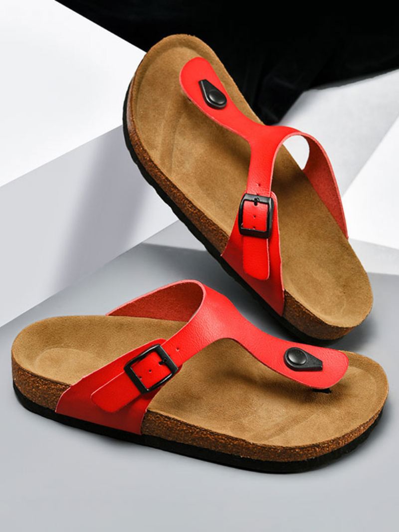 Herensandalen Instapper Rundleer Met Rubberen Zool - Rood