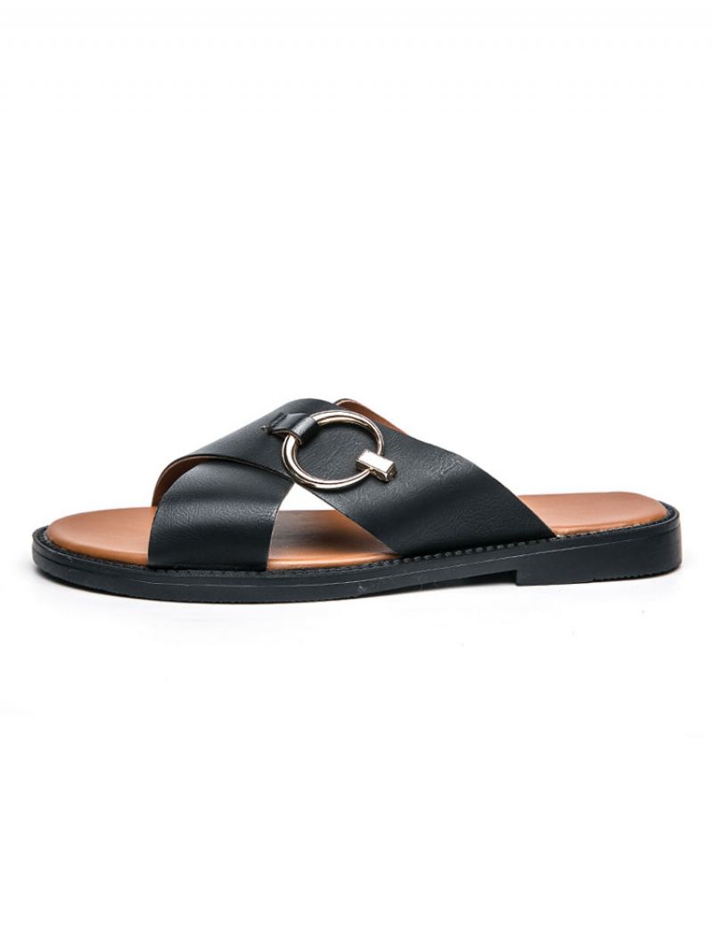 Sandalen Heren Instapper Pu-leer Met Rubberen Zool - Zwart