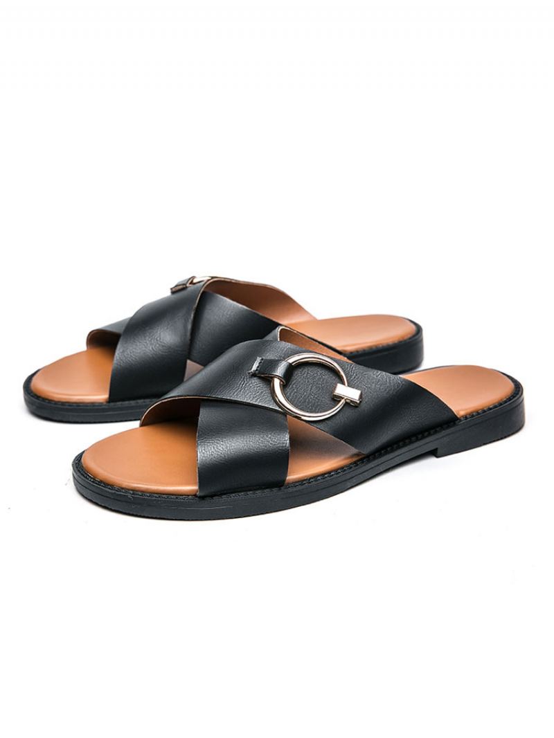 Sandalen Heren Instapper Pu-leer Met Rubberen Zool - Zwart