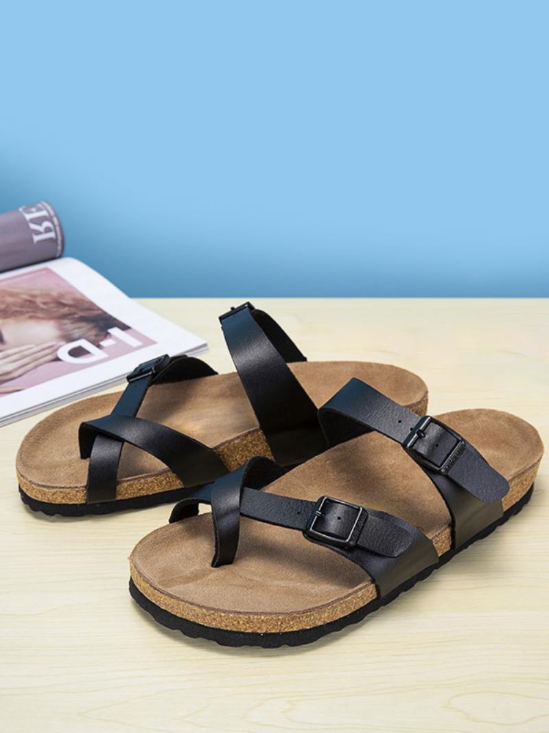 Sandalen Heren Instappers Pantoffels Met Verstelbare Riem Gesp Platte - Zwart