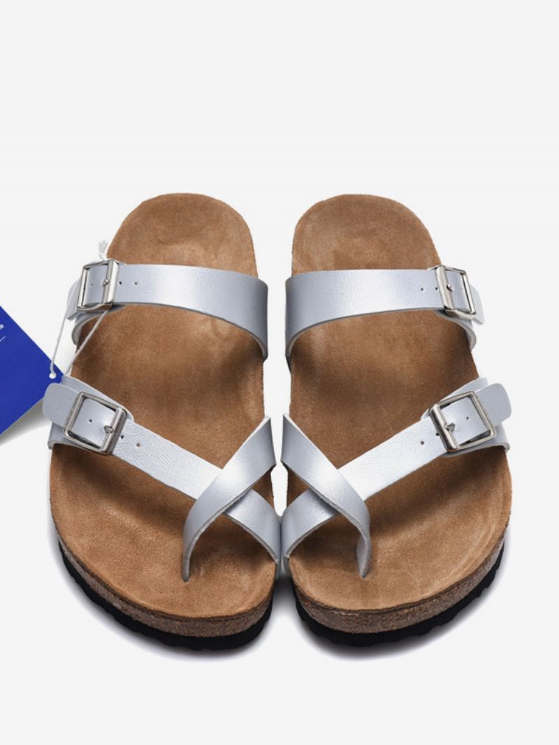 Sandalen Heren Instappers Pantoffels Met Verstelbare Riem Gesp Platte - Zilver