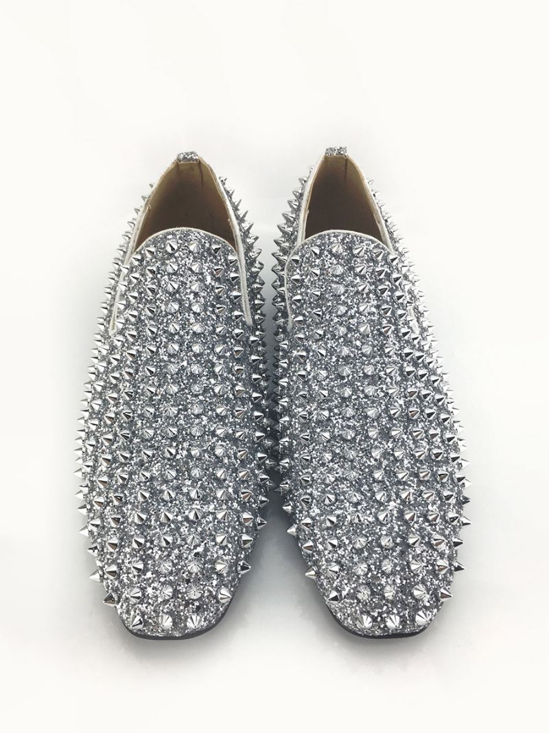 Gouden Glitter-spike-loafers Heren Slip-on-trouwschoenen Een Feestfeest - Zilver