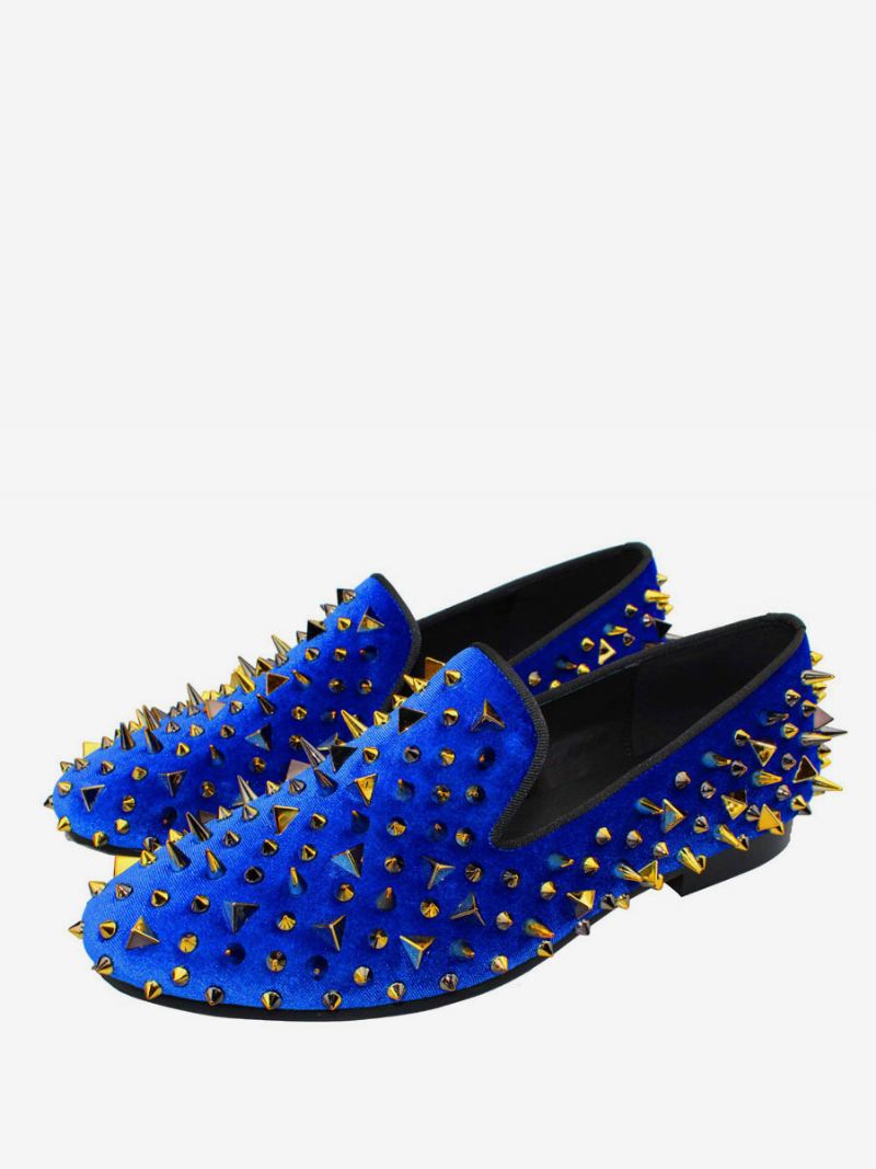 Gouden Spikes Loafers Heren Blauwe Suède Prom Party-trouwschoenen