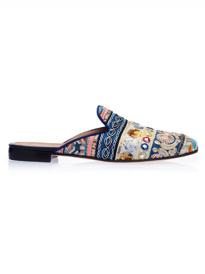 Heren Etnisch Geborduurde Loafer Muilezels Slipper - Blauw