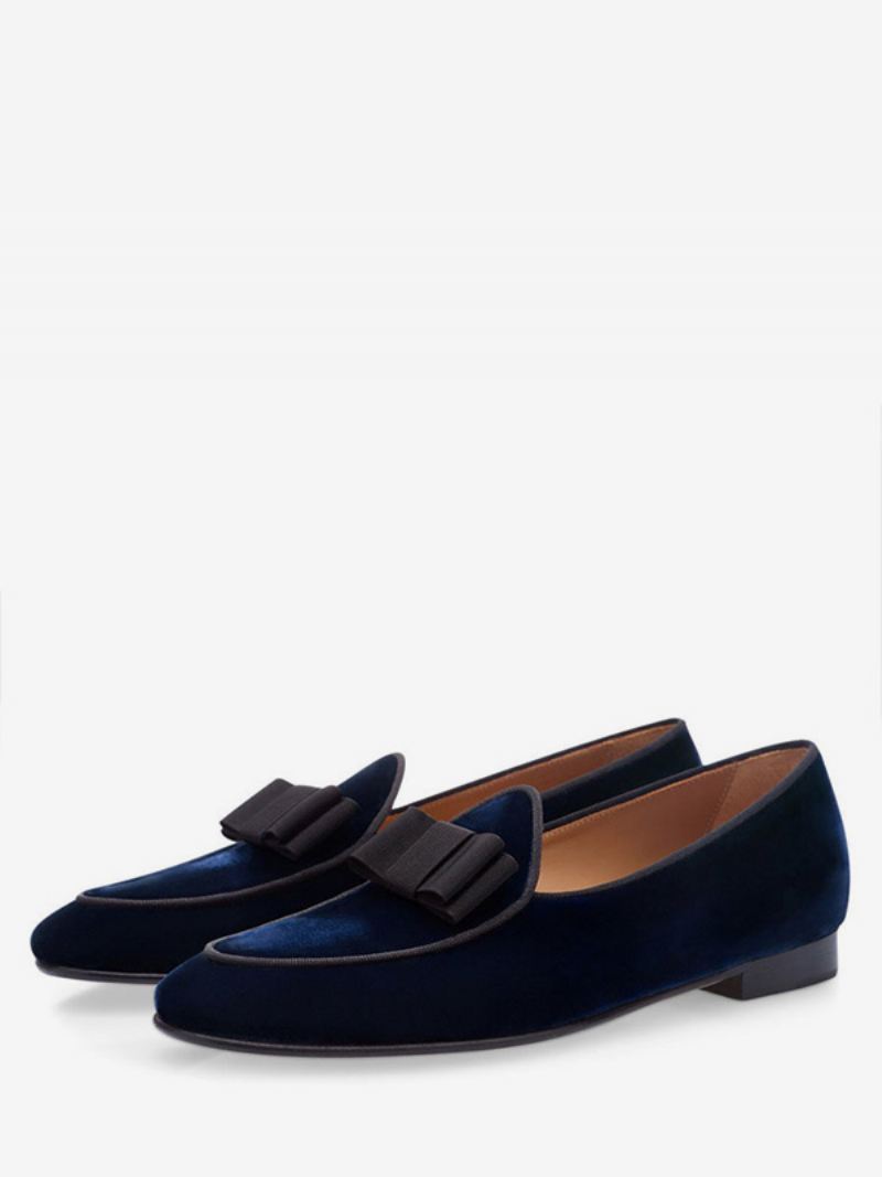 Heren Feestschoenen Fluwelen Ronde Neus Strik Slip-on Loafers Diepblauwe Galaschoenen