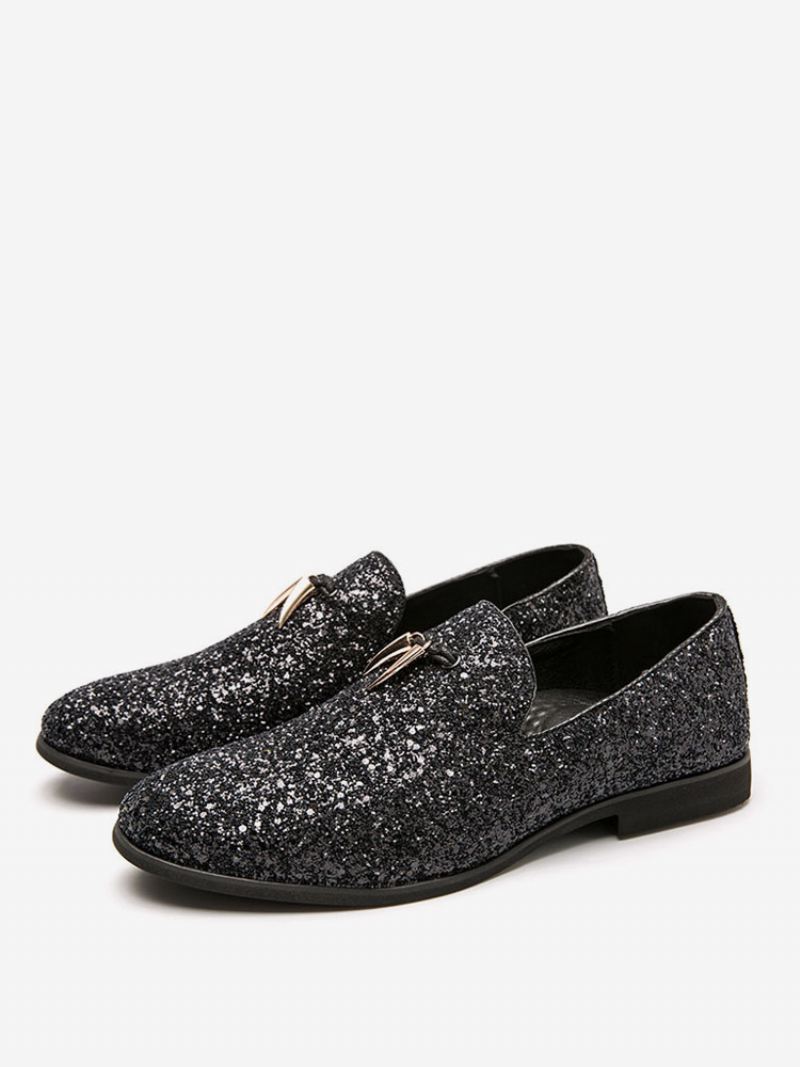 Heren Loafer Prom Party Trouwschoenen Zwart Glitter Slip-on Ronde Neus Jurk