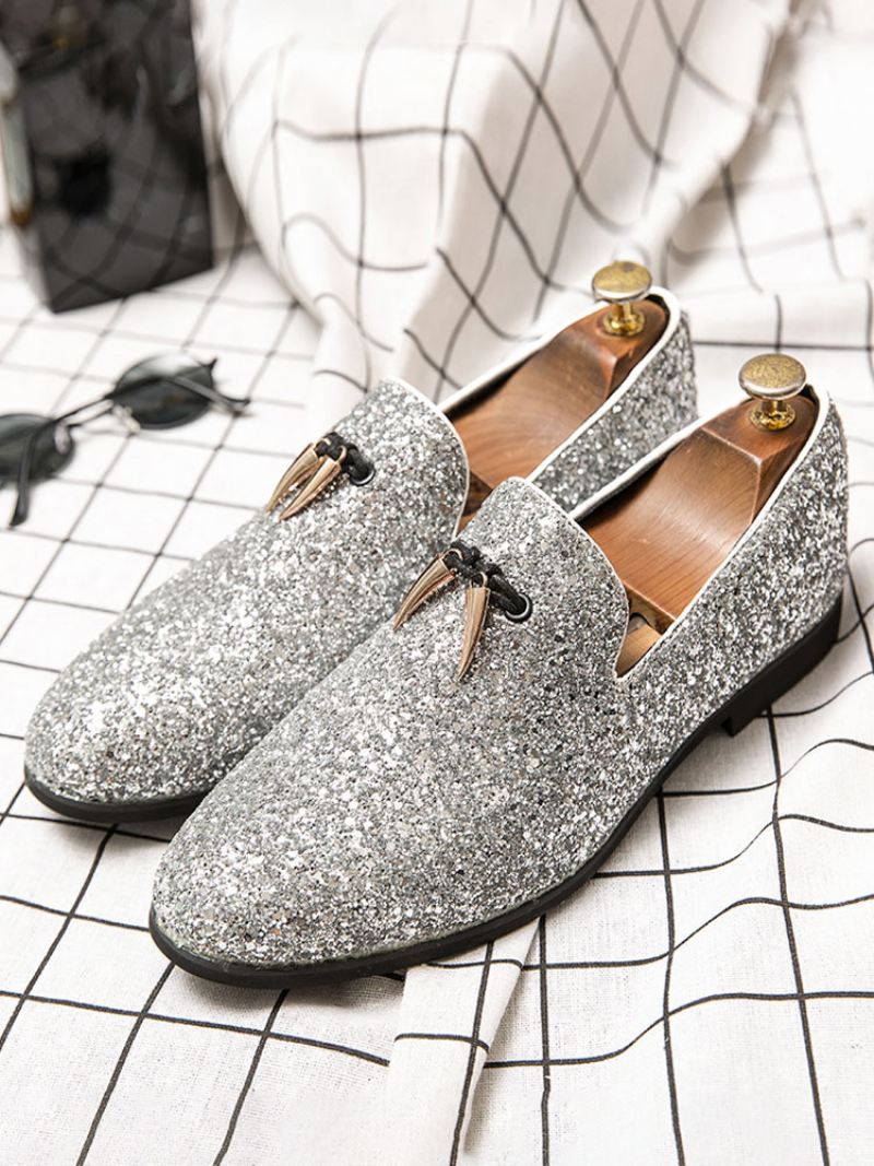 Heren Loafer Prom Party Trouwschoenen Zwart Glitter Slip-on Ronde Neus Jurk - Zilver