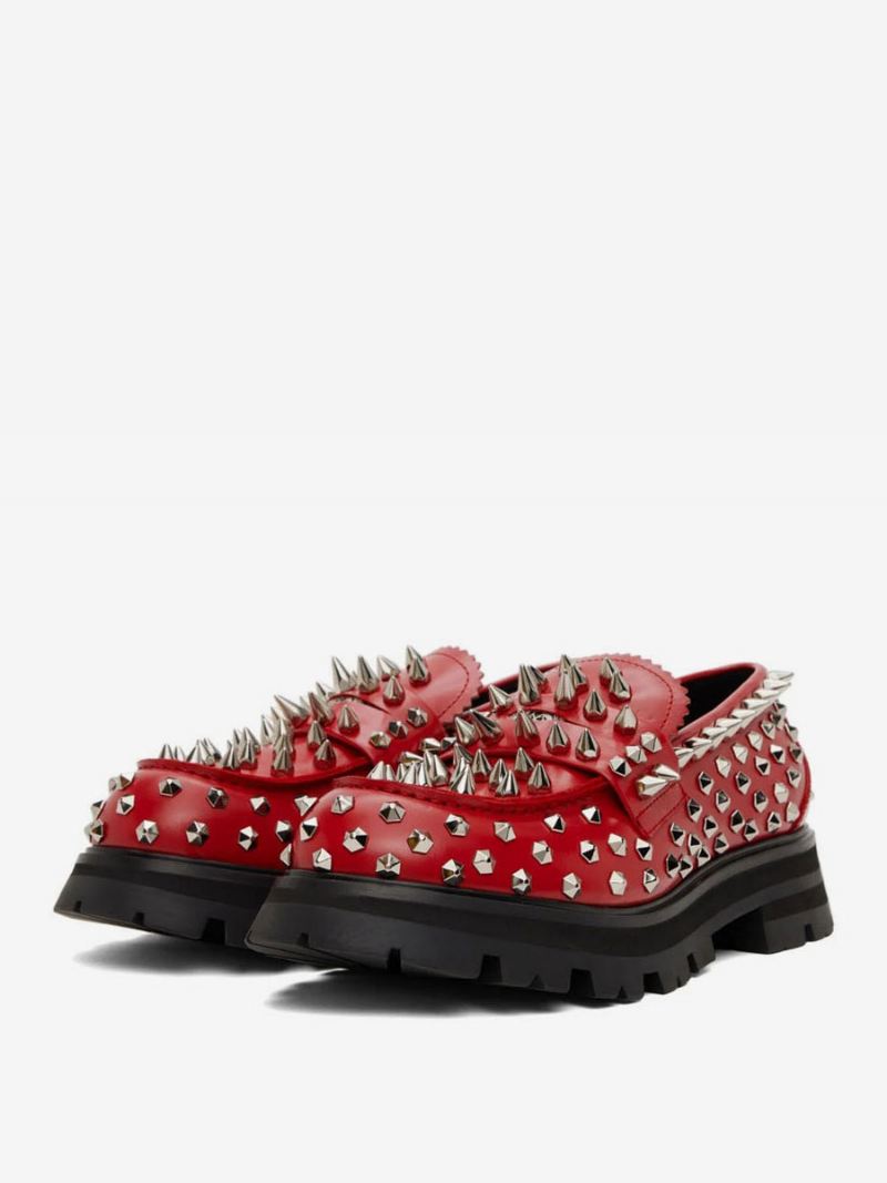 Heren Loafer Schoenen Instapper Handgemaakte Studs Spike Klinknagels Artwork Ronde Neus Prom Party Trouwschoenen - Natuurlijk Rood 