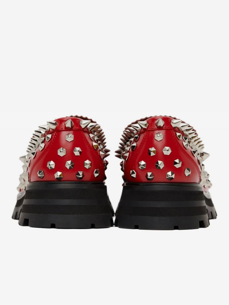 Heren Loafer Schoenen Instapper Handgemaakte Studs Spike Klinknagels Artwork Ronde Neus Prom Party Trouwschoenen - Natuurlijk Rood 