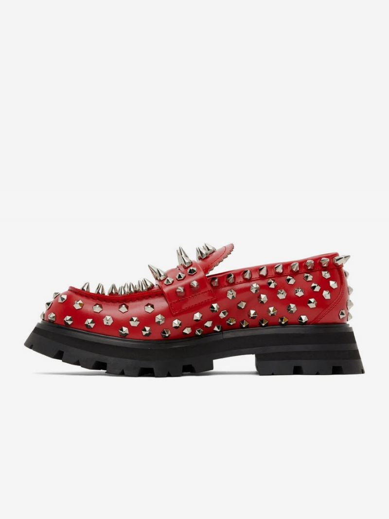 Heren Loafer Schoenen Instapper Handgemaakte Studs Spike Klinknagels Artwork Ronde Neus Prom Party Trouwschoenen - Natuurlijk Rood 