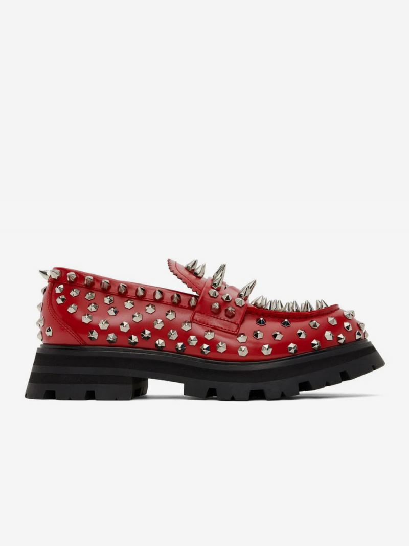 Heren Loafer Schoenen Instapper Handgemaakte Studs Spike Klinknagels Artwork Ronde Neus Prom Party Trouwschoenen - Natuurlijk Rood 