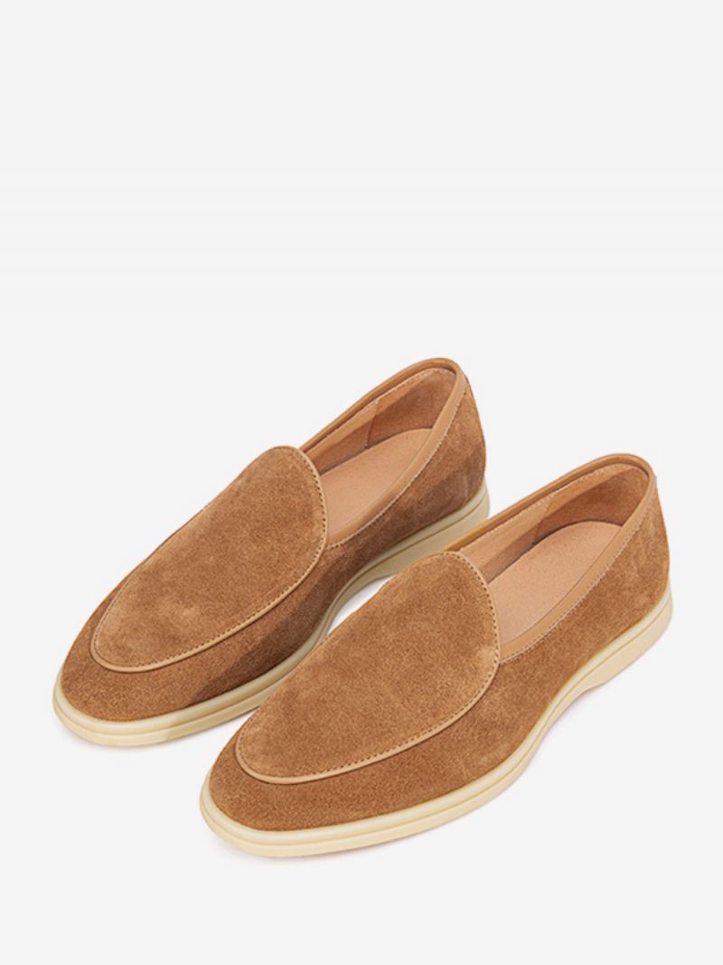 Heren Loafer Slip-on Ronde Neus Koeienhuid Schoenen - Koffiebruin