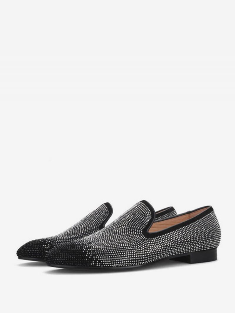 Heren Loafer Zwart & Zilver Kristal Strass Slipper Instappers Ronde Neus Suède Bovenwerk Galafeest Bruiloft Schoenen