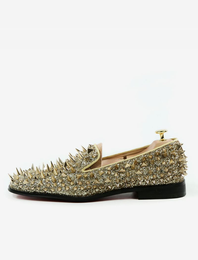 Heren Loafers Gouden Prom Party Trouwschoenen Ronde Neus Lederen Klinknagels Slip Op Spike Schoenen - Goud