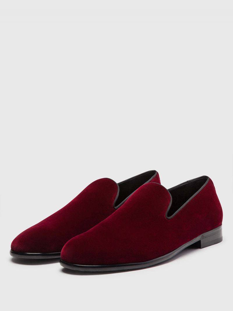 Heren Rood Fluwelen Pantoffels Loafers Prom Trouwschoenen Ronde Neus Slip-on Schoenen