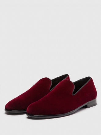 Heren Rood Fluwelen Pantoffels Loafers Prom Trouwschoenen Ronde Neus Slip-on Schoenen