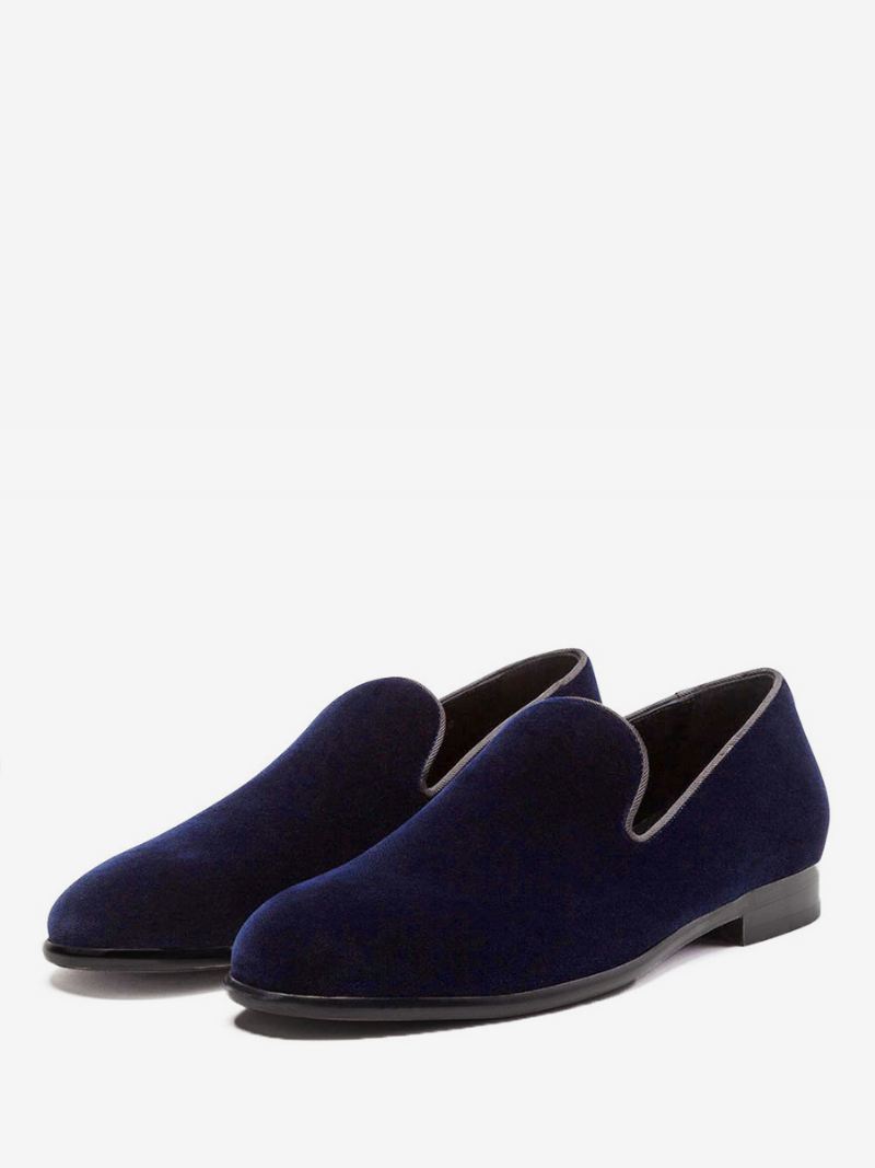 Heren Rood Fluwelen Pantoffels Loafers Prom Trouwschoenen Ronde Neus Slip-on Schoenen - Diepblauw