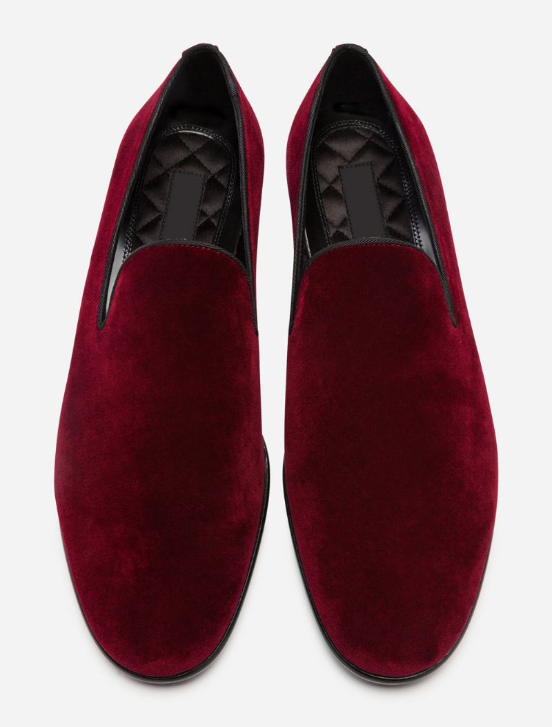 Heren Rood Fluwelen Pantoffels Loafers Prom Trouwschoenen Ronde Neus Slip-on Schoenen - Bordeauxrood